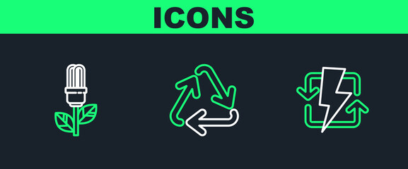 Aufkleber - Set line Recharging, Light bulb with leaf and Recycle symbol icon. Vector