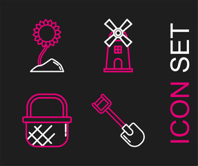 Poster - Set line Shovel, Shopping basket, Windmill and Sunflower icon. Vector