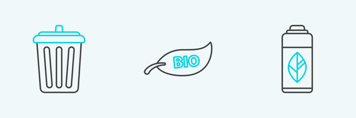 Aufkleber - Set line Recycling plastic bottle, Trash can and Leaf Bio symbol icon. Vector
