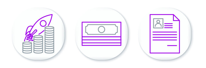 Poster - Set line Resume, Rocket flying up on coins growth chart and Stacks paper money cash icon. Vector