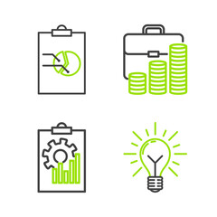 Aufkleber - Set line Light bulb with rays shine and concept of idea, Clipboard graph chart, Briefcase coin and icon. Vector
