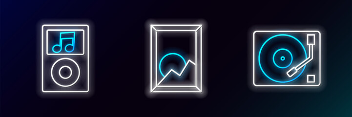 Poster - Set line Vinyl player with a vinyl disk, Music and Picture landscape icon. Glowing neon. Vector