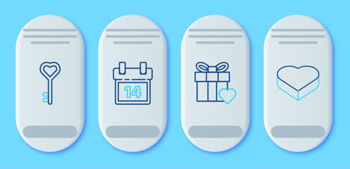 Poster - Set line Calendar with February 14, Gift box and heart, Key in shape and Candy shaped icon. Vector