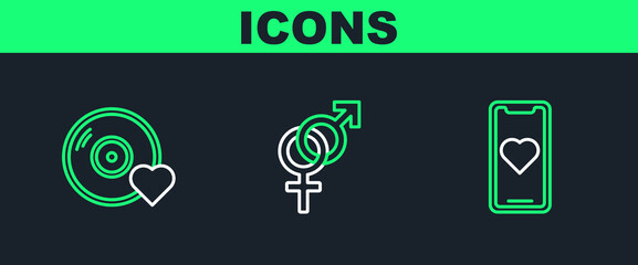 Poster - Set line Mobile phone with heart, Romantic music and Gender icon. Vector