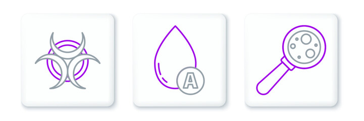 Poster - Set line Microorganisms under magnifier, Biohazard symbol and Water drop icon. Vector