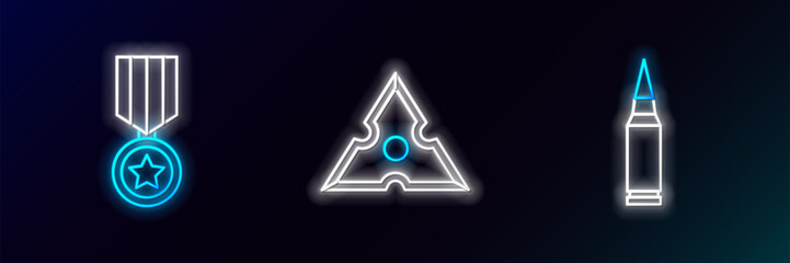Poster - Set line Bullet, Military reward medal and Japanese ninja shuriken icon. Glowing neon. Vector