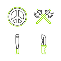 Poster - Set line Military knife, Baseball bat, Crossed medieval axes and Peace icon. Vector