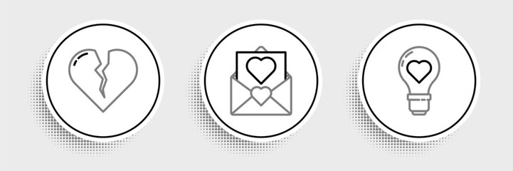 Aufkleber - Set line Heart shape in a light bulb, Broken heart or divorce and Envelope with Valentine icon. Vector