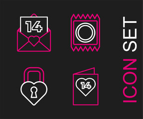 Poster - Set line Valentines day flyer with heart, Castle the shape of, Condom package and Envelope icon. Vector