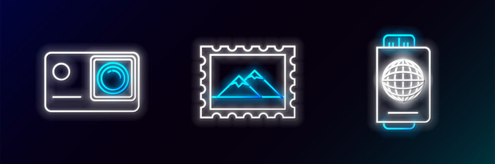 Poster - Set line Passport with ticket, Action extreme camera and Postal stamp and Mountains icon. Glowing neon. Vector