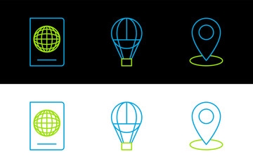 Poster - Set line Map pin, Passport with biometric data and Hot air balloon icon. Vector