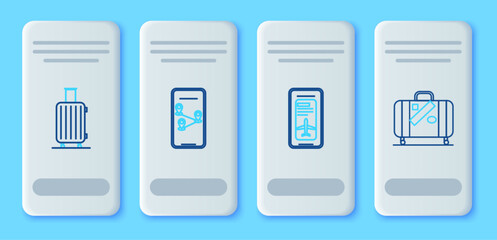 Poster - Set line Infographic of city map navigation, Smartphone with electronic boarding pass airline ticket, Suitcase for travel and and stickers icon. Vector