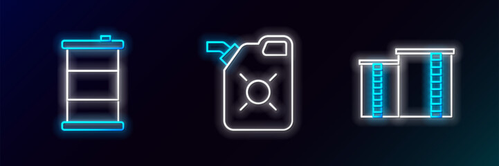 Poster - Set line Oil industrial factory building, Barrel oil and Canister for motor icon. Glowing neon. Vector