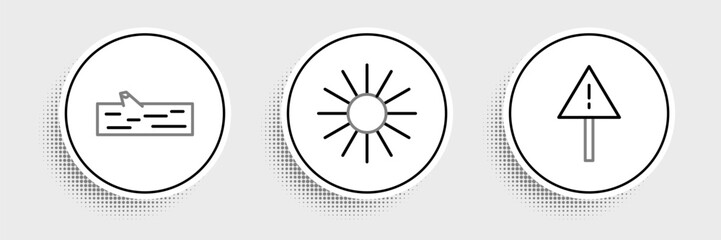 Poster - Set line Exclamation mark in triangle, Wooden log and Sun icon. Vector