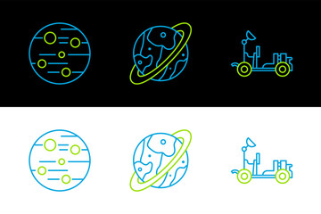 Poster - Set line Mars rover, Planet and Space capsule and parachute icon. Vector