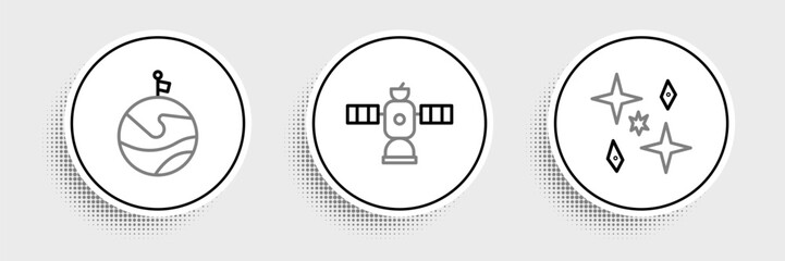 Poster - Set line Planet, Moon with flag and Satellite icon. Vector