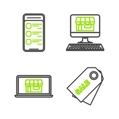 Poster - Set line Price tag with an inscription Sale, Shopping building screen laptop, computer and Online shopping mobile phone icon. Vector