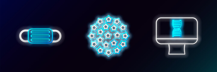 Poster - Set line DNA spiral and computer, Medical protective mask and Virus icon. Glowing neon. Vector