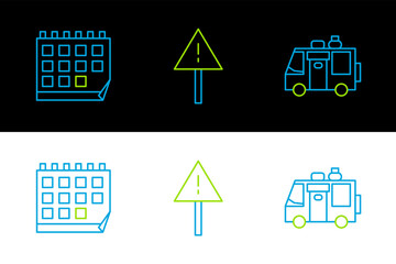 Poster - Set line Rv Camping trailer, Calendar and Exclamation mark triangle icon. Vector