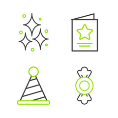 Poster - Set line Candy, Party hat, Greeting card and Firework icon. Vector