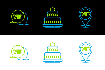 Poster - Set line Location Vip, in speech bubble and Cake icon. Vector