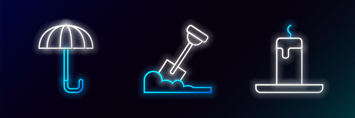 Poster - Set line Burning candle, Umbrella and Shovel the ground icon. Glowing neon. Vector