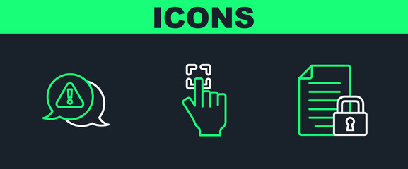 Fototapete - Set line Document and lock, Exclamation mark in triangle and Fingerprint icon. Vector