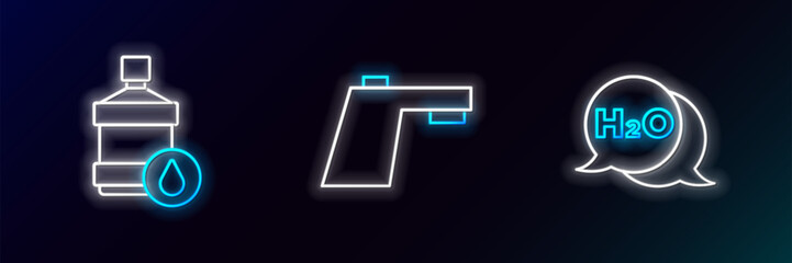 Poster - Set line Chemical formula for H2O, Big bottle with clean water and Water tap icon. Glowing neon. Vector