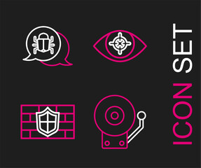 Poster - Set line Ringing alarm bell, Shield with brick wall, Eye scan and System bug icon. Vector
