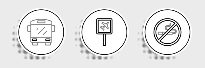 Poster - Set line No Smoking, Bus and Airport icon. Vector