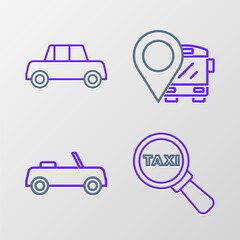 Poster - Set line Magnifying glass and taxi car, Car, Location with bus and icon. Vector