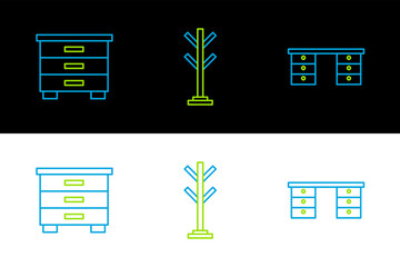 Poster - Set line Office desk, Furniture nightstand and Coat icon. Vector