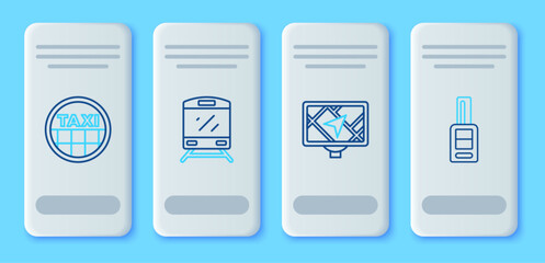 Poster - Set line Train, Gps device with map, Taxi car roof and Car key remote icon. Vector