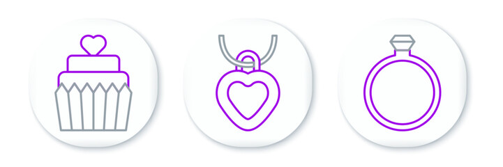 Poster - Set line Diamond engagement ring, Wedding cake with heart and Necklace shaped icon. Vector