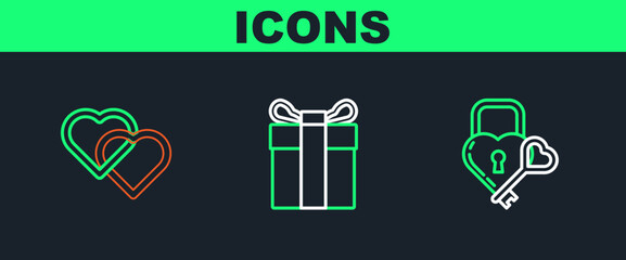 Poster - Set line Castle in the shape of a heart and key, Two Linked Hearts and Gift box icon. Vector