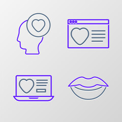 Poster - Set line Smiling lips, Dating app online, and Head with heart icon. Vector