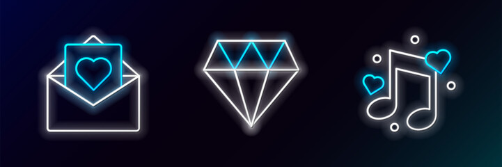 Fototapete - Set line Music note, tone with hearts, Envelope Valentine and Diamond icon. Glowing neon. Vector