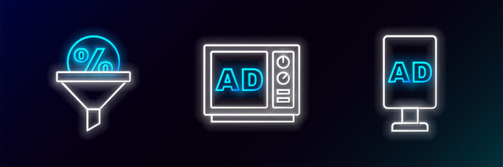 Poster - Set line Target, Lead management and Advertising icon. Glowing neon. Vector