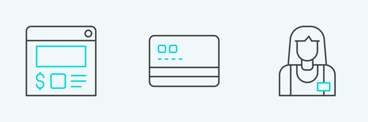 Poster - Set line Seller, Online ordering and delivery and Credit card icon. Vector