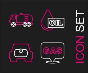 Poster - Set line Location and gas station, Gas tank for vehicle, Oil drop and Tanker truck icon. Vector