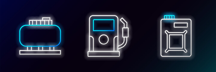 Poster - Set line Canister for motor oil, Oil tank storage and Petrol gas station icon. Glowing neon. Vector
