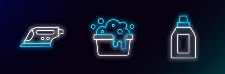 Poster - Set line Bottle for cleaning agent, Electric iron and Basin with soap suds icon. Glowing neon. Vector