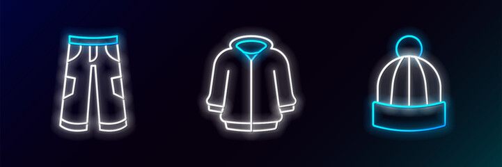 Poster - Set line Winter hat, Pants and Hoodie icon. Glowing neon. Vector