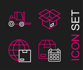 Poster - Set line Cardboard box with calendar, Worldwide shipping, Unboxing and Forklift truck icon. Vector