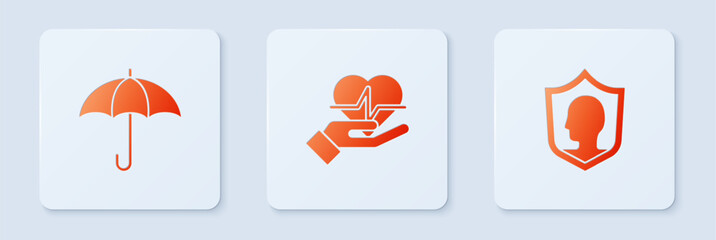 Poster - Set Life insurance in hand, Umbrella and with shield. White square button. Vector