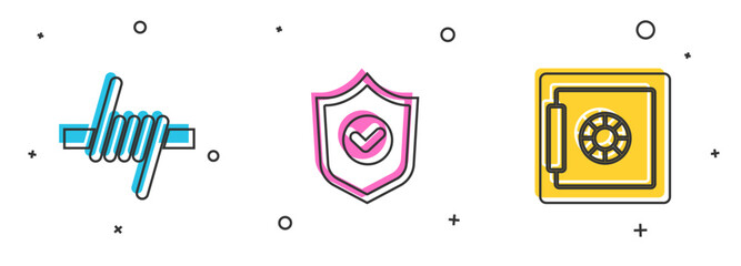 Fototapete - Set Barbed wire, Shield with check mark and Safe icon. Vector
