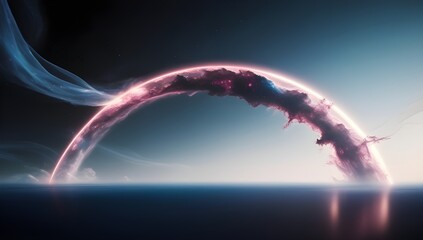Wall Mural - A luminous arc rises over a serene horizon, blending ethereal colors of pink and blue. Mysterious and captivating, the scene suggests a celestial or otherworldly phenomenon.