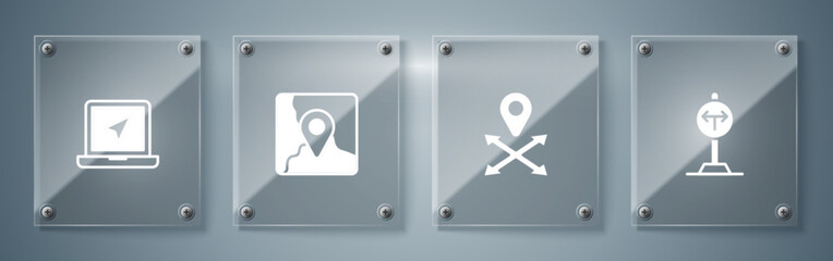 Poster - Set Fork in the road, Location, Folded map with location marker and Laptop. Square glass panels. Vector