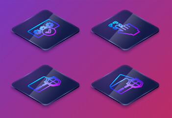 Poster - Set Isometric line Password protection, Credit card with shield, Fingerprint and . Blue square button. Vector