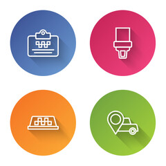 Poster - Set line Taxi driver license, Safety belt, car roof and Location with taxi. Color circle button. Vector